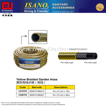 ISANO SANITARY ACCESSORIES YELLOW BRAIDED GARDEN HOSE POLYYESTER REINFORCEMENT PVC OUTER LAYER PVC INNER LAYER 10M 30M (CL)