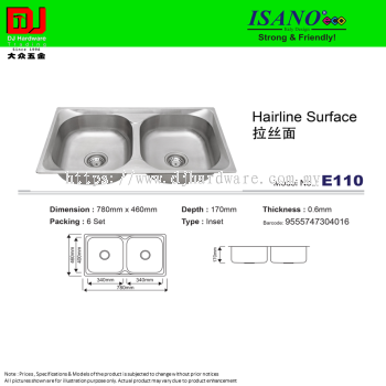 ISANO STRONG & FRIENDLY SINK BOWL HAIRLINE SURFACE 780MM X 460MM X 170MM E110 (CL)