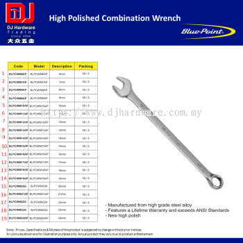 BLUE POINT HIGH POLISHED COMBINATION WRENCH 6MM ~ 19MM 19 SIZE (CL)