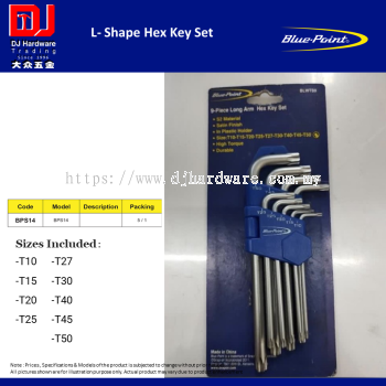 BLUE POINT L SHAPE HEX KEY SET BPS14 T10 T15 T20 T25 T27 T30 T40 T45 T50 (CL)