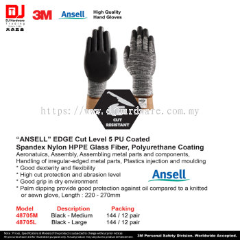 3M ANSELL HIGH QUALITY HAND GLOVES ANSELL EDGE CUT LEVEL 5 PU COATED SPANDEX NYLON HPPE GLASS FIBER POLYURETHANE COATING BLACK  (CL)