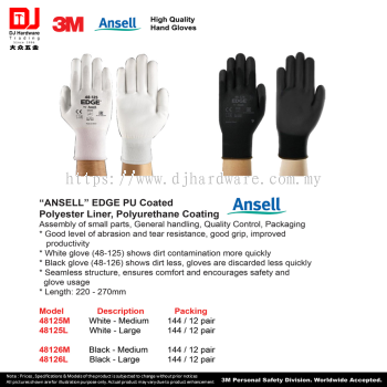 3M ANSELL HIGH QUALITY HAND GLOVES ANSELL EDGE PU COATED POLYESTER LINER POLYURETHANE COATING WHITE BLACK MEDIUM LARGE (CL)