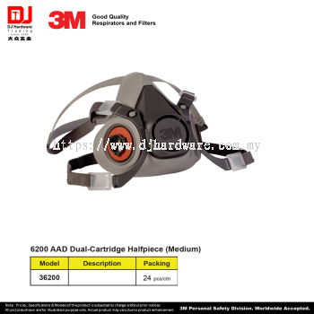 3M GOOD QUALITY RESPIRATORS FLITERS 6200 AAD DUAL CARTRIDGE HALFPIECE MEDIUM 36200 (CL)