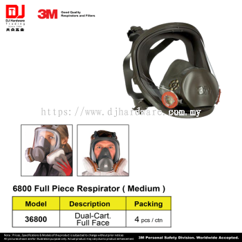 3M GOOD QUALITY RESPIRATORS FLITERS 6800 FULL PIECE RESPIRATOR MEDIUM DUAL CART FULL FACE 36800 (CL)