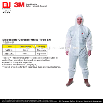 3M GOOD QUALITY SAFETY HELMET COVERALL DISPOSABLE PROTECTIVE COVERALL WHITE TYPE 5-6 SIZE L SIZE XL (CL)