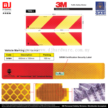 3M TRAFFIC SAFETY STICKER GENUINE 3M PRODUCT SIRIM CERTIFICATION SECURITY TYPE 1 VEHICLE MARKING HORIZONTAL  600MM X 150MM 3VMH (CL)