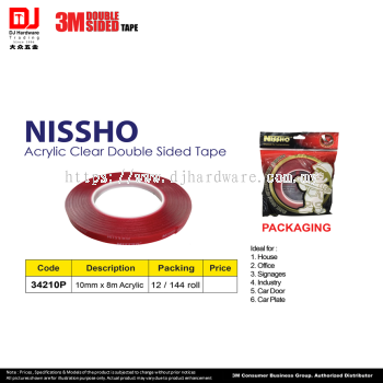 3M DOUBLE SIDED TAPE NISSHO ACYLIC CLEAR DOUBLE SIDED TAPE 10MM X 8M ACYLIC 34210P (CL)