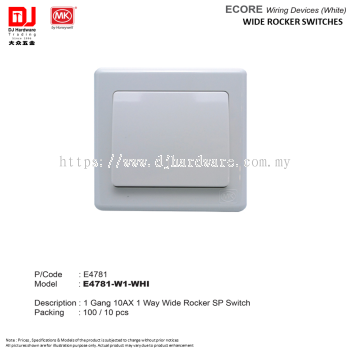 MK BY HONEYWELL ECORE WIRING DEVICES WHITE WIDE ROCKER SWITCHES 1 GANG 10AX 1 WAY WIDE ROCKER SP SWITCH E4781 (CL)