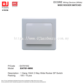 MK BY HONEYWELL ECORE WIRING DEVICES WHITE WIDE ROCKER SWITCHES 1 GANG 10AX 2 WAY WIDE ROCKER SP SWITCH E4781W2 (CL)