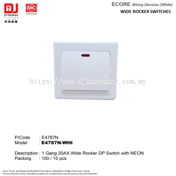 MK BY HONEYWELL ECORE WIRING DEVICES WHITE WIDE ROCKER SWITCHES 1 GANG 20AX WIDE ROCKER DP SWITCH WITH NEON E4787N (CL)