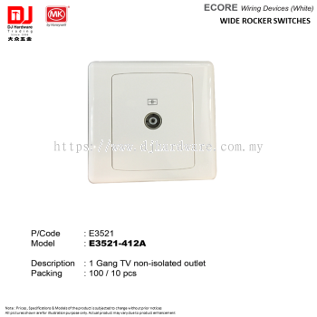 MK BY HONEYWELL ECORE WIRING DEVICES WHITE WIDE ROCKER SWITCHES 1 GANG TV NON ISOLATED OUTLET E3521 (CL)