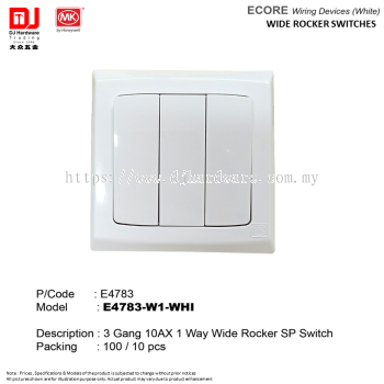 MK BY HONEYWELL ECORE WIRING DEVICES WHITE WIDE ROCKER SWITCHES 3 GANG 10AX 1 WAY WIDE ROCKER SP SWITCH E4783 (CL)