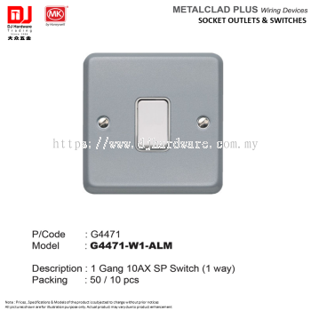 MK BY HONEYWELL METAL CLAD PLUS WIRING DEVICES SOCKET OUTLETS & SWITCHES 1GANG 10AX SP SWITCH 1 WAY G4471 (CL)