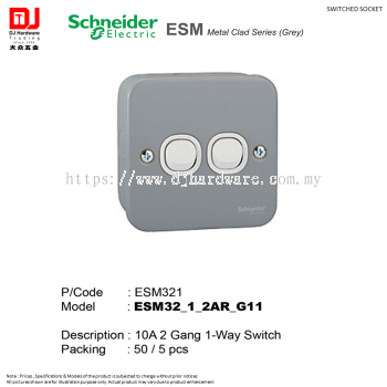 SCHNEIDER ELECTRIC ESM METAL CLAD SERIES GREY SWITCHED SOCKET 10A 2 GANG 1 WAY SWITCH ESM321 (CL)