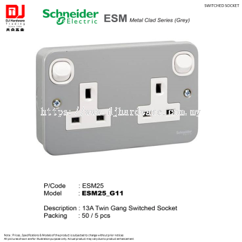 SCHNEIDER ELECTRIC ESM METAL CLAD SERIES GREY SWITCHED SOCKET 13 A TWIN GANG SWITCHED SOCKET ESM25 (CL)