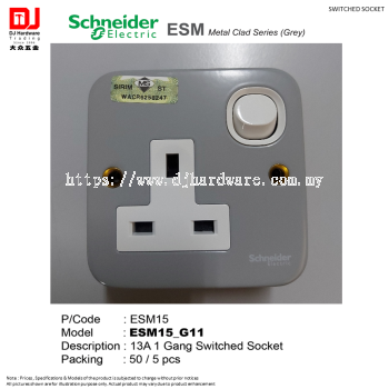 SCHNEIDER ELECTRIC ESM METAL CLAD SERIES GREY SWITCHED SOCKET 13A 1 GANG SWITCHED SOCKET ESM15 (CL)