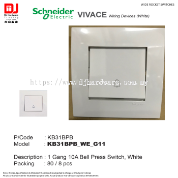 SCHNEIDER ELECTRIC VIVACE WIRING DEVICES WHITE WIDE ROCKET SWITCHES 1 GANG 10A BELL PRESS KB31BPB (CL)