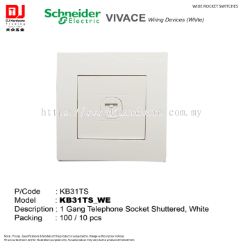 SCHNEIDER ELECTRIC VIVACE WIRING DEVICES WHITE WIDE ROCKET SWITCHES 1 GANG TELEPHONE SOCKET KB31TS (CL)