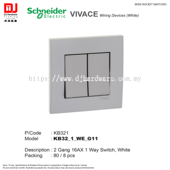 SCHNEIDER ELECTRIC VIVACE WIRING DEVICES WHITE WIDE ROCKET SWITCHES 2 GANG 16AX 1 WAY SWITCH KB321 (CL)