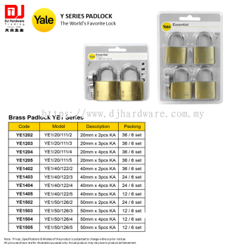 YALE THE WORLDS FAVORITE LOCK Y SERIES PADLOCK BRASS PADLOCK YE1 SERIES 20MM 40MM 50MM (CL)