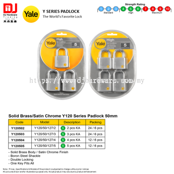 YALE THE WORLDS FAVORITE LOCK Y SERIES PADLOCK SOLID BRASS SATIN CHROME Y120 SERIES PADLOCK DOUBLE LOCKING 50MM ONE KEY FITS ALL (CL)