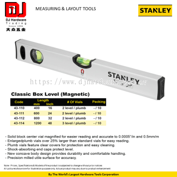 STANLEY MEASURING LAYOUT TOOLS CLASSIC BOX LEVEL MAGNETIC 400MM 600MM 800MM 1200MM (CL)