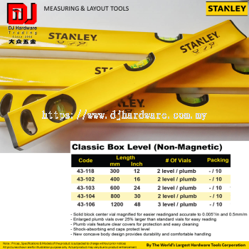 STANLEY MEASURING LAYOUT TOOLS CLASSIC BOX LEVEL NON MAGNETIC 300MM 400MM 600MM 800MM (CL)