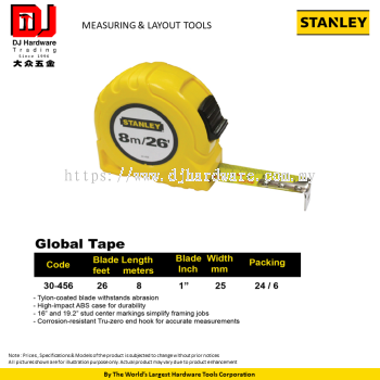 STANLEY MEASURING LAYOUT TOOLS GLOBAL TAPE CORROSION RESISTANT 25MM 26FT 30456 (CL)