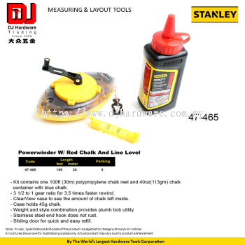 STANLEY MEASURING LAYOUT TOOLS POWERWINDER W RED CHALK 113G AND 30M LINE LEVEL 47465 (CL)