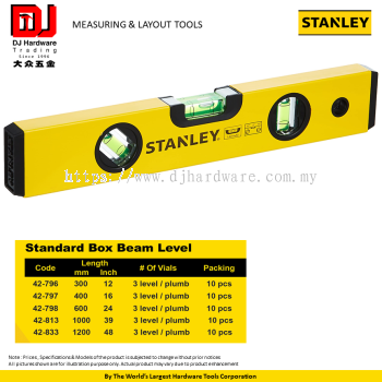 STANLEY MEASURING LAYOUT TOOLS STANDARD BOX BEAM LEVEL 300MM 400MM 600MM 1000MM 1200MM (CL)