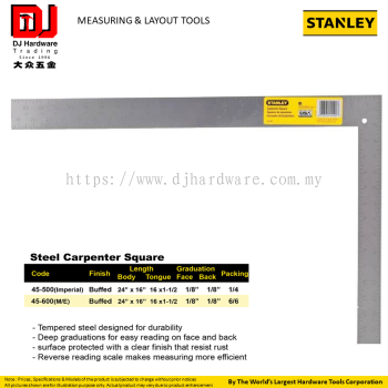 STANLEY MEASURING LAYOUT TOOLS STEEL CARPENTER SQUARE BUFFED IMPERIAL 45500 ME 45600 (CL)