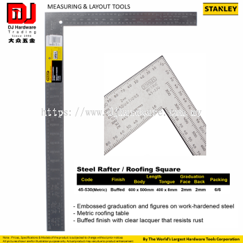 STANLEY MEASURING LAYOUT TOOLS STEEL RAFTER ROOFING SQUARE BUFFED 45530 METRIC (CL)