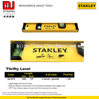 STANLEY MEASURING LAYOUT TOOLS THRIFTY LEVEL LIGHTWEIGHT ALUMINIUM BODY 300MM 42072 (CL)