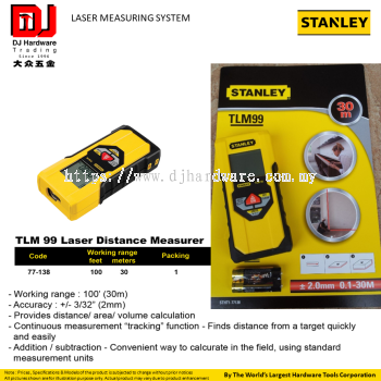 STANLEY MEASURING LAYOUT TOOLS TLM 99 LASER DISTENCE MEASURER TRACKING 30M 77138  (CL)