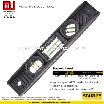 STANLEY MEASURING LAYOUT TOOLS TORPEDO LEVEL 203MM 8'' 42291 (CL)