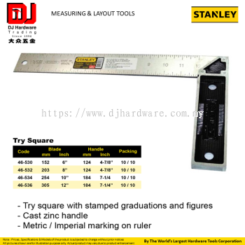 STANLEY MEASURING LAYOUT TOOLS TRY SQUARE CAST ZINC HANDLE METRIC IMPERIAL (CL)