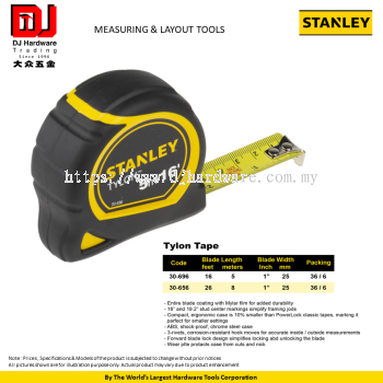 STANLEY MEASURING LAYOUT TOOLS TYLON TAPE 5M 16FT 8M 26FT 30696 30656 (CL)