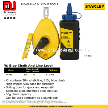 STANLEY MEASURING LAYOUT TOOLS W 113G BLUE CHALK AND 30M LINE LEVEL 47443 (CL)