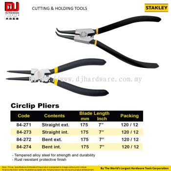 STANLEY CUTTING HOLDING TOOLS CIRCLIP PLIERS ALLOY STEEL STRAIGHT BENT EXT INT 175MM (CL)