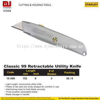 STANLEY CUTTING HOLDING TOOLS CLASSIC 99 RETRACTABLE UTILITY KNIFE INTERLOCK 152MM 10099 (CL)