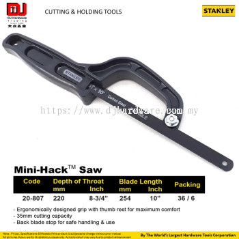 STANLEY CUTTING HOLDING TOOLS MINI HACK SAW BACK BLADE STOP SAFE HANDLING 220MM 20807 (CL)