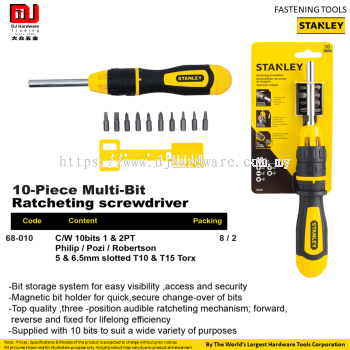 STANLEY FASTENING TOOLS RATCHETING MULTI BIT SCREWDRIVER 10PC 68010 (CL)