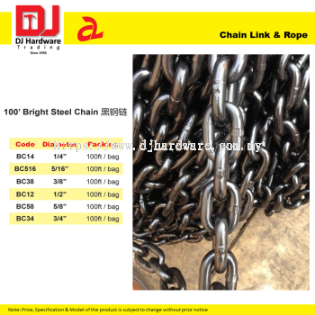 DJ CHAIN LINK & ROPE 100' BRIGHT STEEL CHAIN 6 SIZE (CL)