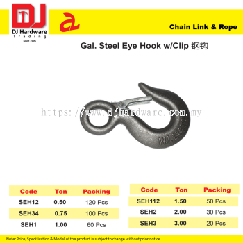 DJ CHAIN LINK & ROPE GALVANIZED STEEL EYE HOOK WITH CLIP 6 SIZE (CL)