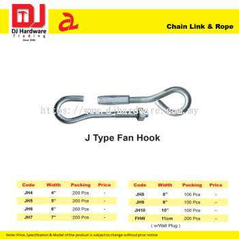 DJ CHAIN LINK & ROPE J TYPE FAN HOOK 8 SIZE (CL)