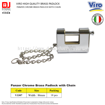 VIRO HIGH QUALITY BRASS PADLOCK PANZER CHROME BRASS PADLOCK WITH CHAIN V3307 (CL)