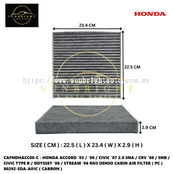 HONDA ACCORD '03 / '08 / CIVIC '07 2.0 SNA / CRV '08 / SNB / CIVIC TYPE R / ODYSSEY '08 / STREAM '06 RN3 DENSO CABIN AIR FILTER ( PC ) 80292-SDA-A01C ( CARBON )