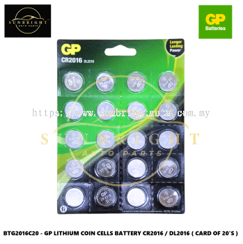 BTG2016C20 - GP LITHIUM COIN CELLS BATTERY CR2016 / DL2016 ( CARD OF 20'S )