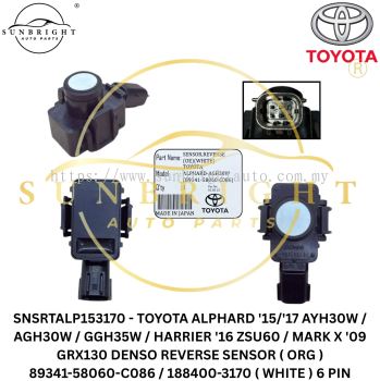 SNSRTALP153170 - TOYOTA ALPHARD '15/'17 AYH30W / AGH30W / GGH35W / HARRIER '16 ZSU60 / MARK X '09 GRX130 DENSO REVERSE SENSOR ( ORG ) 89341-58060-C086 / 188400-3170 ( WHITE ) 6 PIN
