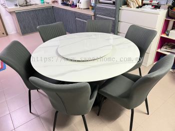 Round Marble Sintered Stone Table | Round Dining Table With Lazy Susan | Dining Chair Kerusi Meja Makan deliver to Wisma Pantai Butterworth Penang